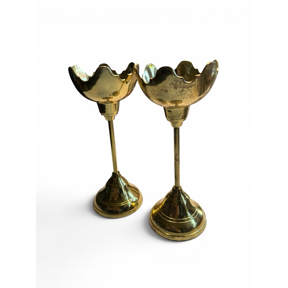 Vintage Candlestick Set Of Two Tulip Flower Shaped Brass Color ~8"